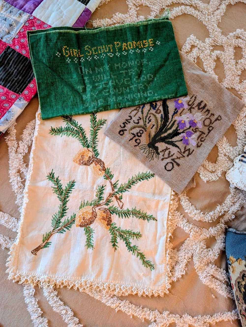 Lovely embroidery linen bundle, purple iris, pinecones, project pieces